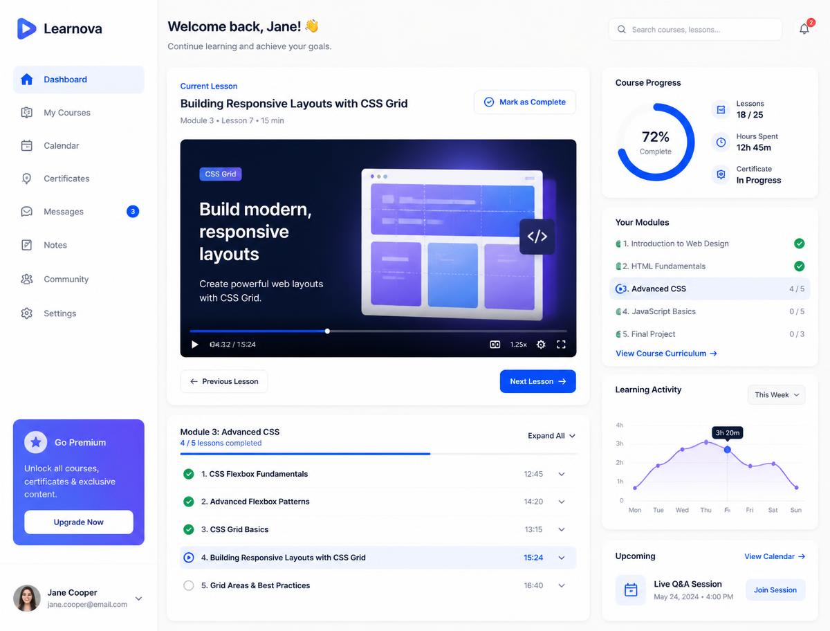 Course dashboard showing lesson progress, modules, and learning analytics