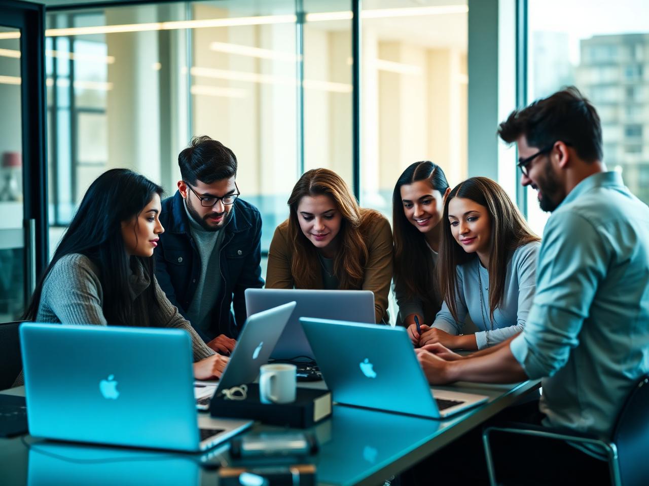 Startup founders and marketers collaborating around laptops in a modern office
